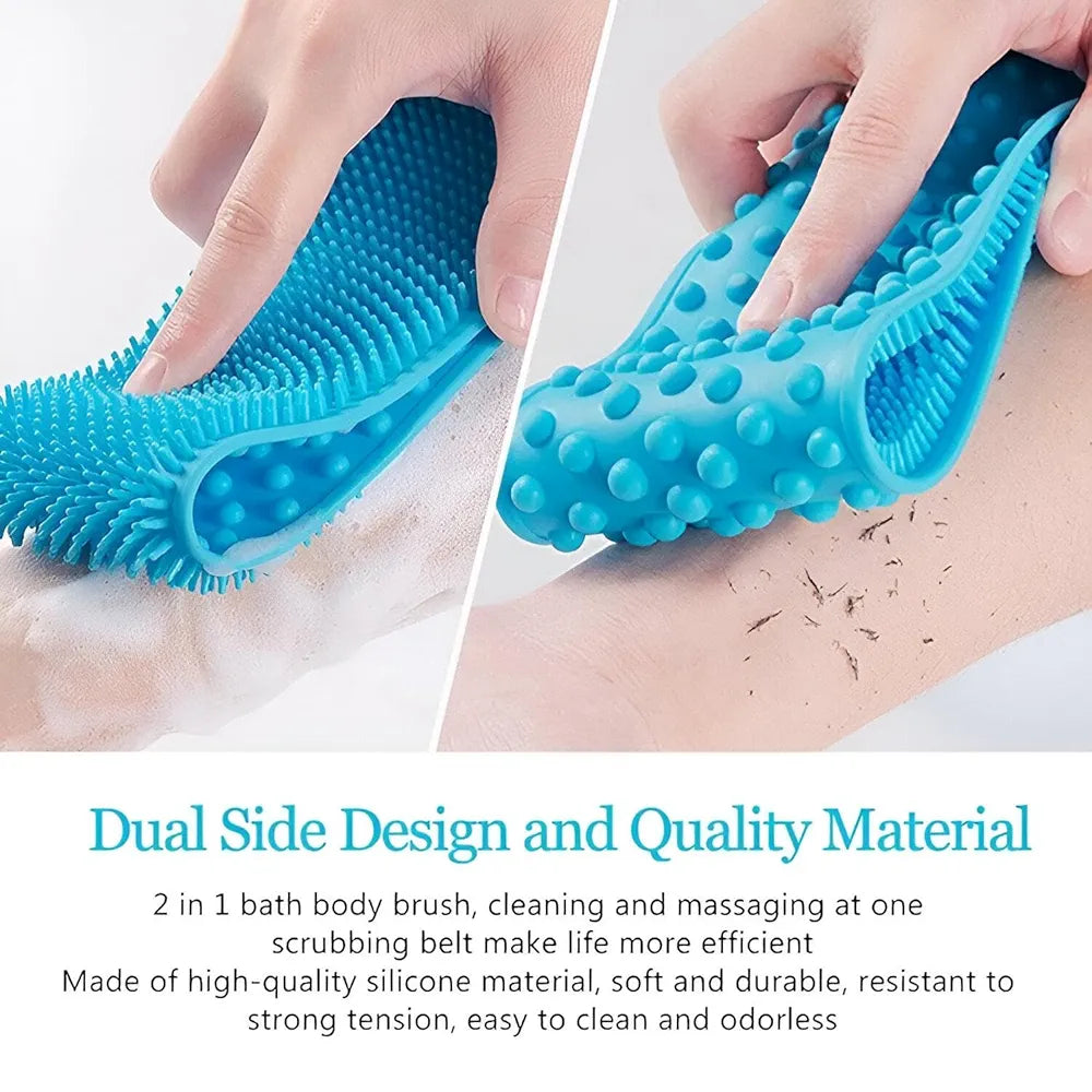 Blue bath body brush with dual side design being used on skin and hair.