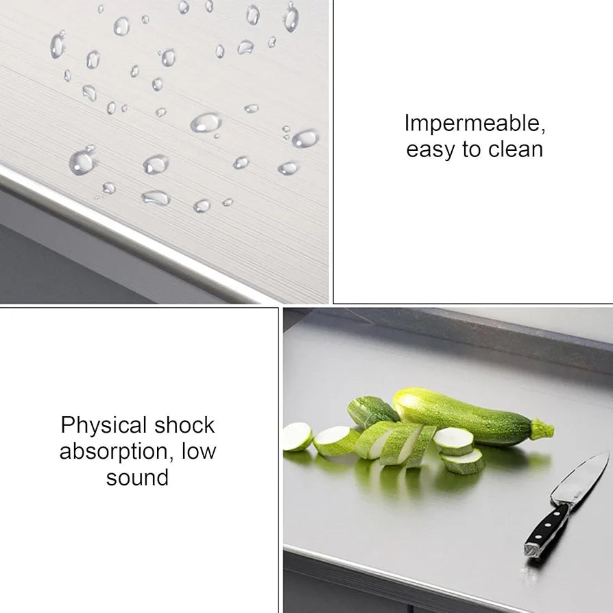 Tabletop with water droplets, text 'Impermeable, easy to clean', and zucchinis on a cutting board with knife.