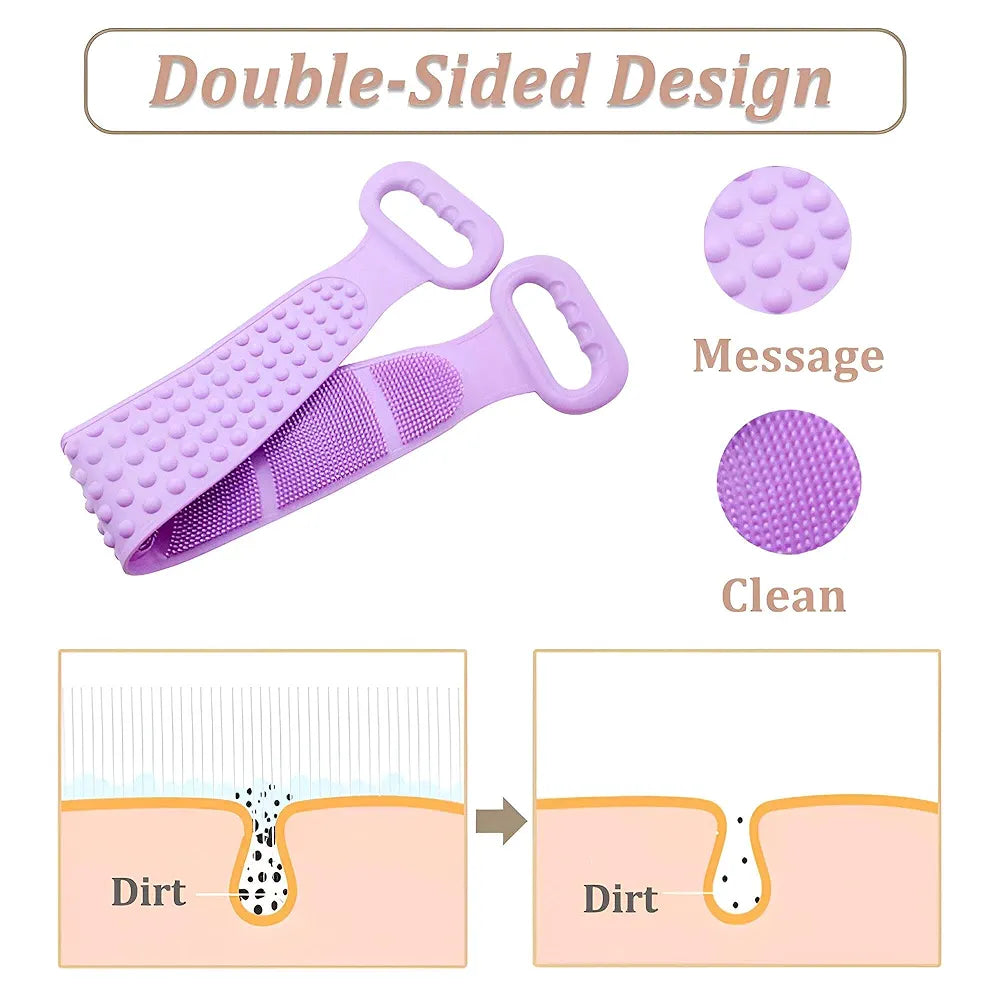 Purple double-sided cleaning tool with text indicating 'Message' and 'Clean', and a before-and-after diagram showing dirt removal.
