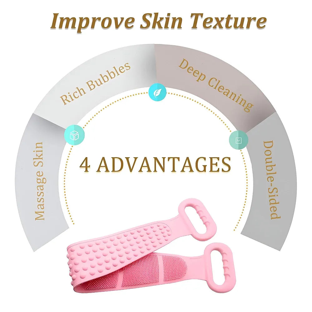 Pink scrubber with text highlighting its benefits on a white background