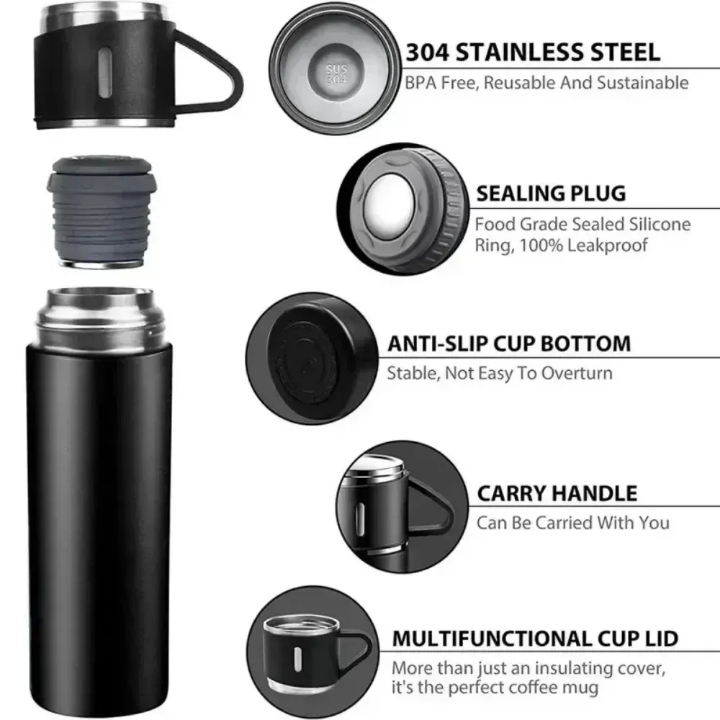 Stainless Steel Vacuum Insulated Bottle Water Flask Gift Set with Two Cups Hot & Cold. Saif Official Store