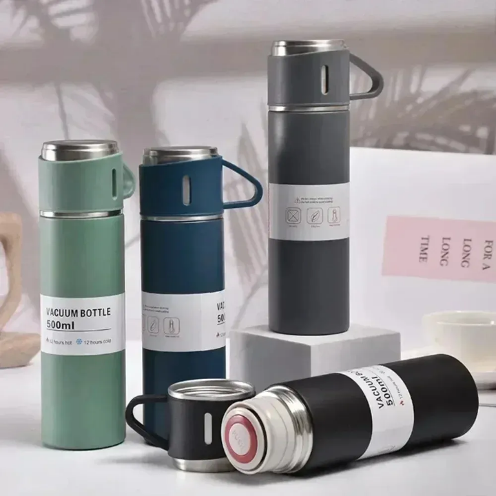 Stainless Steel Vacuum Insulated Bottle Water Flask Gift Set with Two Cups Hot & Cold. - Saif Official Store