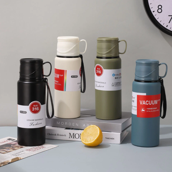 Stainless Steel Vacuum Insulated Bottle Water Flask Gift Set with Two Cups Hot & Cold. Saif Official Store