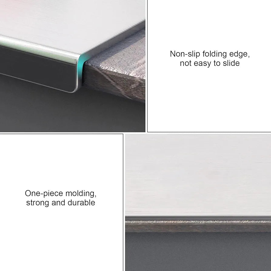 Close-up of a non-slip folding edge and one-piece molding on a surface.