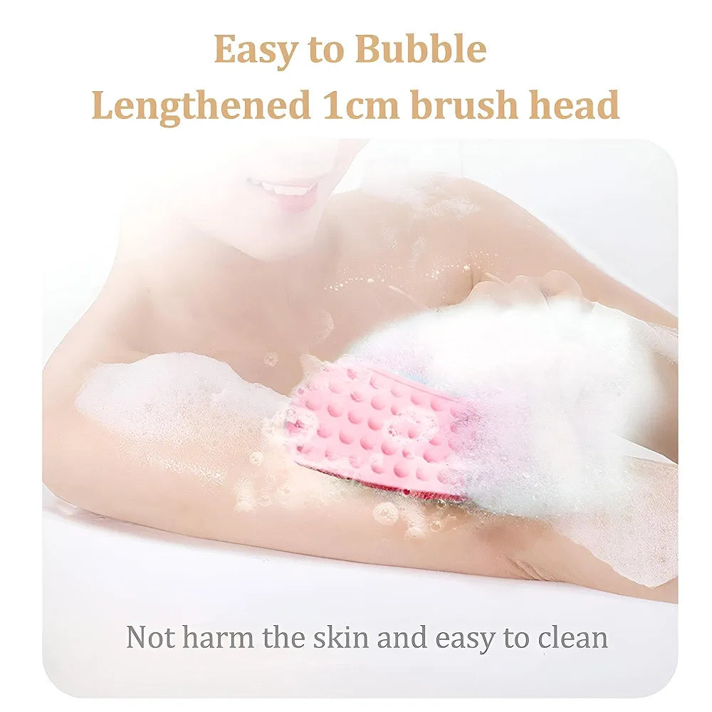 Pink brush head with text on a white background