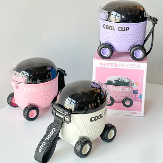 Baby Car Plastic Bottle with Wheels – Kids Travel Cup Portable