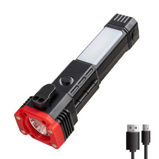 Rechargeable LED Torch Flashlight with Power Bank & Steel Hammer
