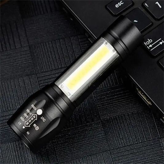 Rechargeable LED Flashlight with Zoom & COB Light – USB Portable Torch
