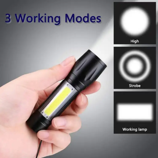 Rechargeable LED Flashlight with Zoom & COB Light – USB Portable Torch